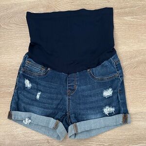 Maternity Distressed Blue Denim Jean Shorts